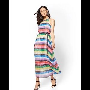 PLEATED STRIPED HALTER MAXI DRESS
